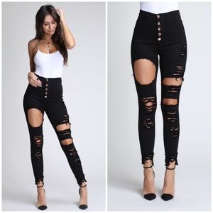 Black Rose Gold Button Destroyed Skinny Jeans